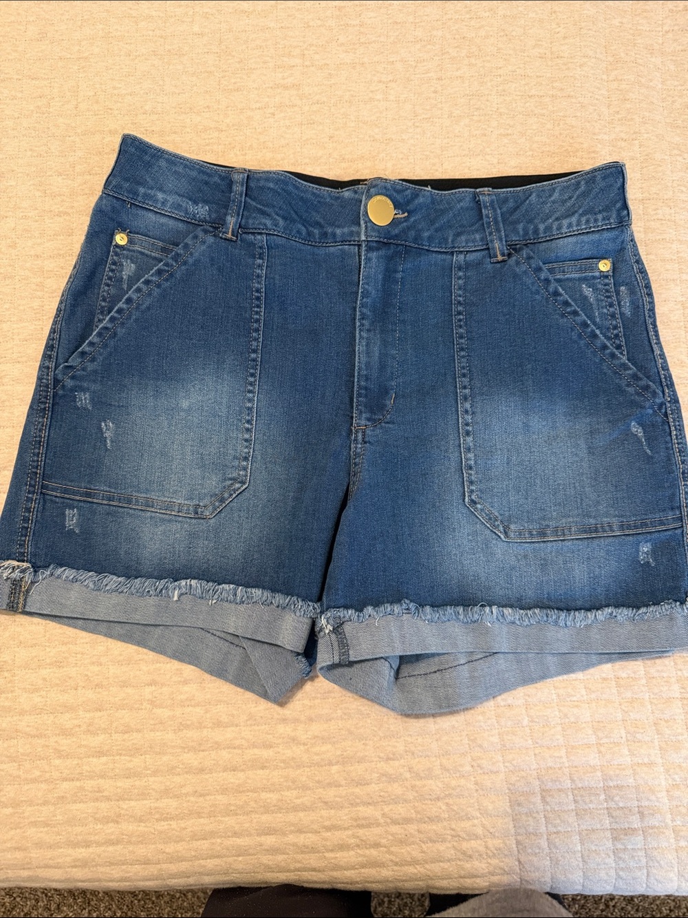 Women's High-Rise Dark Blue Denim Shorts with Frayed Hem